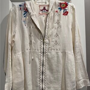 Johnny Was Cream Hooded Jacket with Floral Embroidery - Size Large